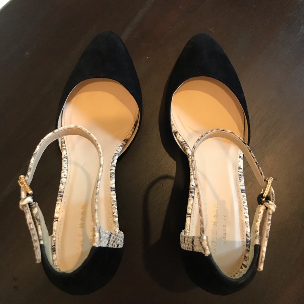 Cole Haan black suede wedge with snake print detail and strap. 7.5